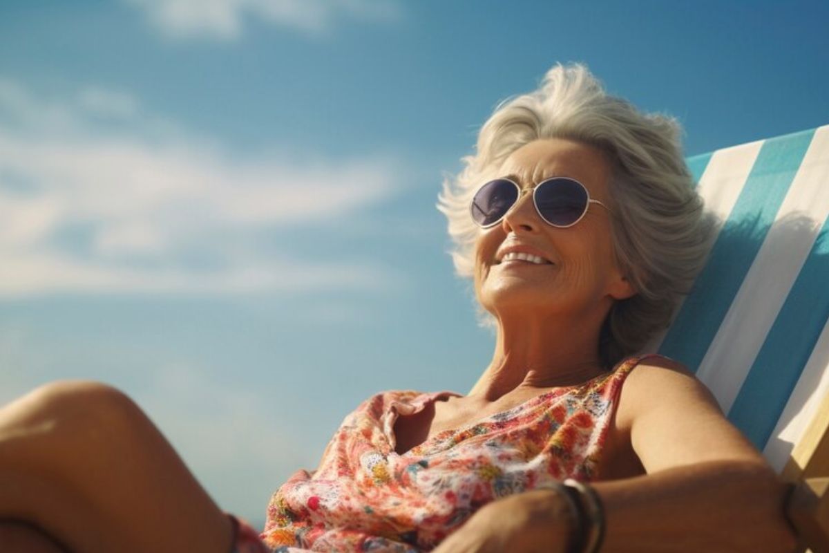 Uma idosa pegando um sol na praia após descobrir que tem direito à Aposentadoria Antecipada