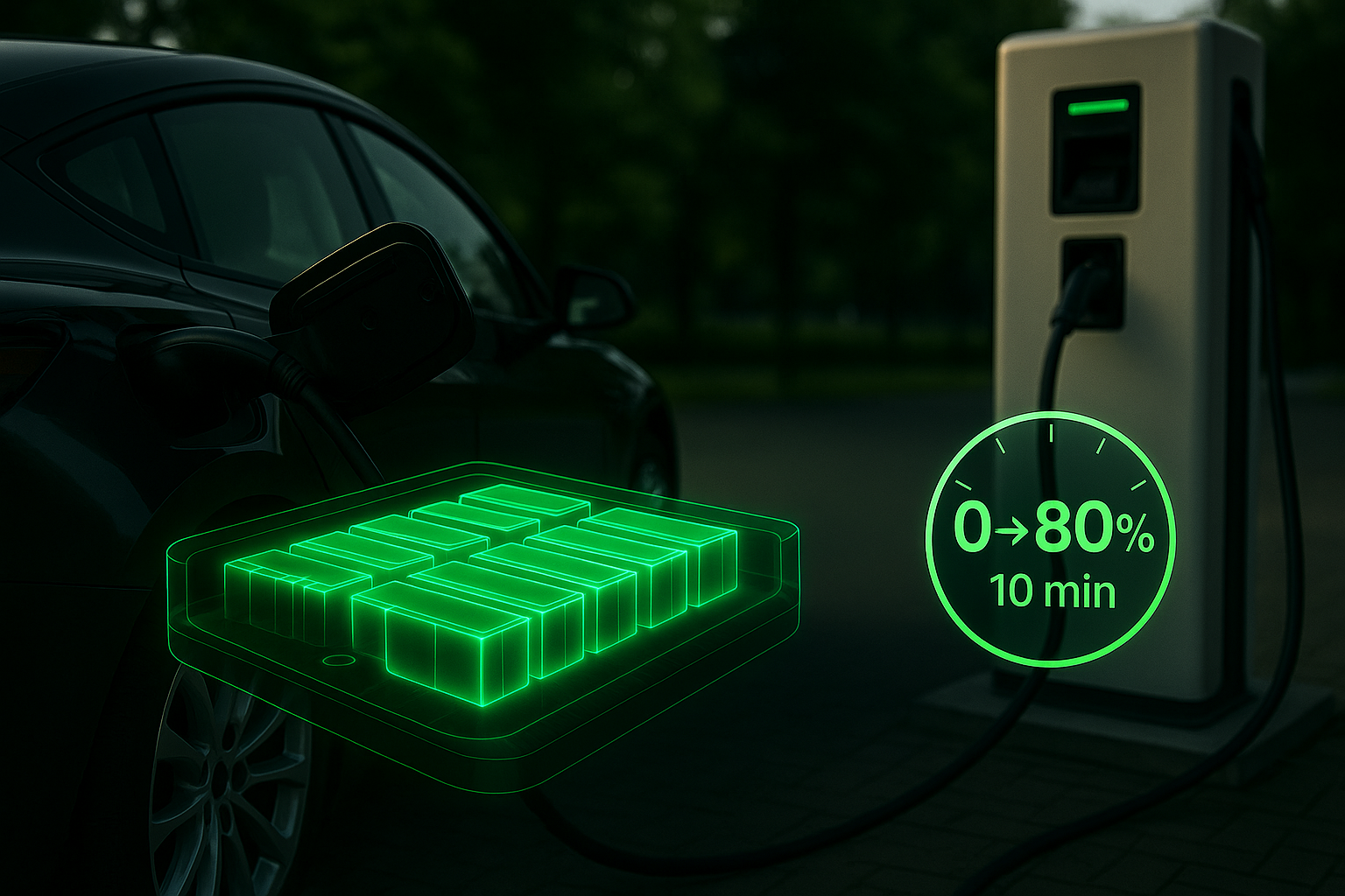 Baterias de silício-carbono prometem autonomia de 600 km e carregamento em 10 minutos - Imagem gerada por I.A