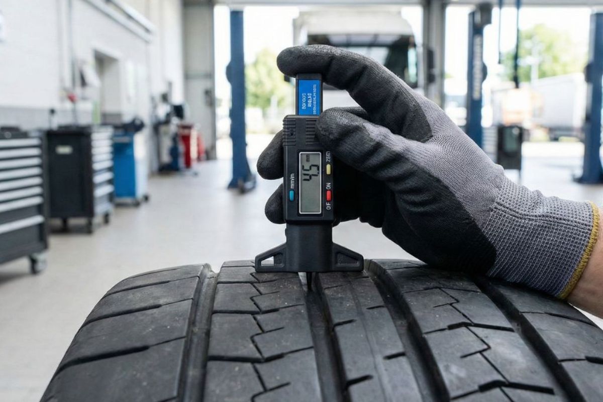 Um mecânico medindo se o pneu está careca